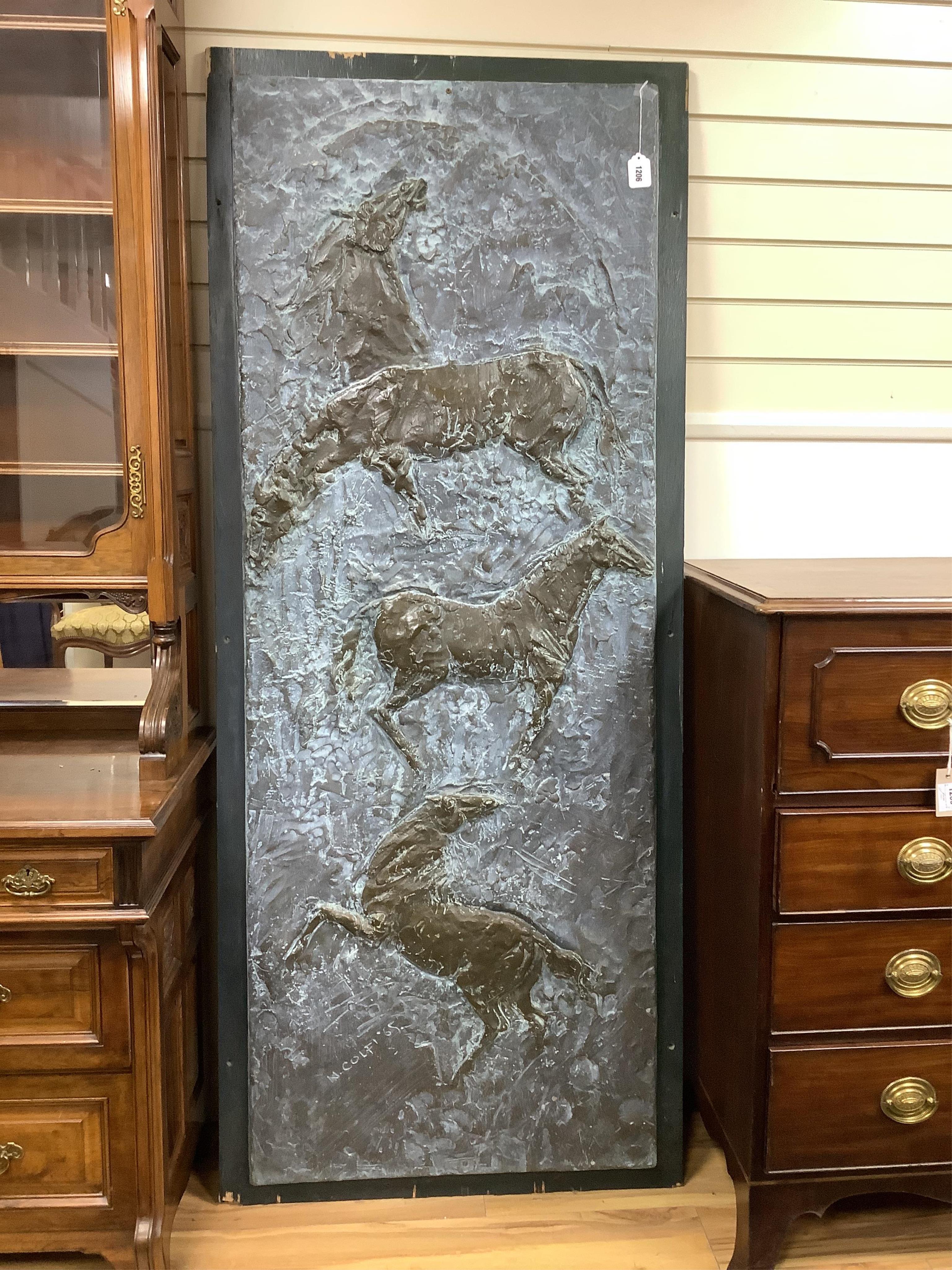 A mid century rectangular embossed copper panel, decorated with horses, width 70cm, height 184cm. Condition - good